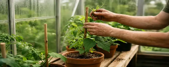 Hands tending young plants growing on wooden stakes in a greenhouse