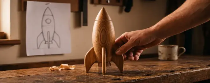 Hand-carved wooden model rocket on a workbench beside a sketch of a rocket